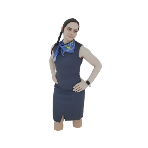 3D model of a woman wearing a dark blue dress, a blue patterned scarf, and a wristwatch, standing with hands on hips.