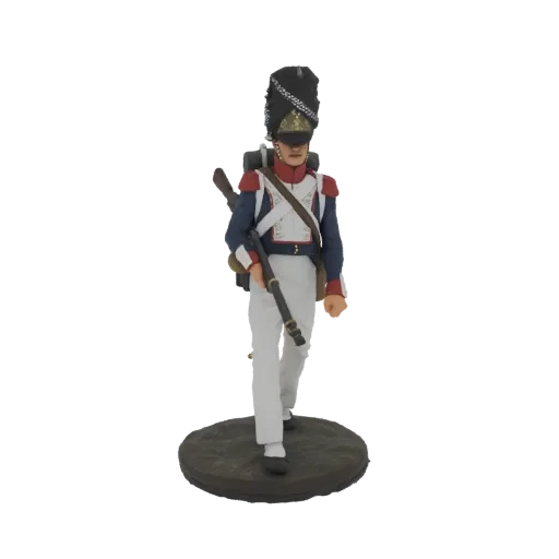 3D-Modell eines Grenadiers der Französischen Kaiserlichen Garde in Uniform, der ein Musketengewehr hält und einen hohen Zweis
