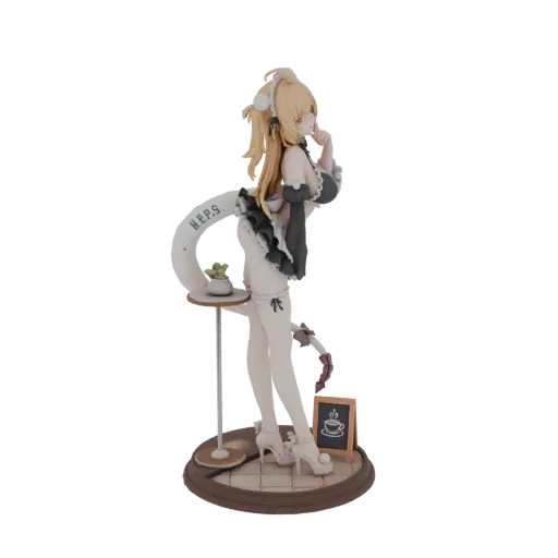 3D model of an anime-style maid cafe girl with blonde hair, wearing a black and white maid outfit, holding a plant, and stand