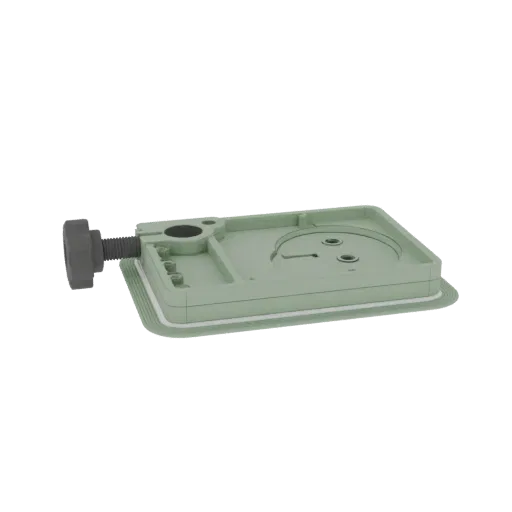 3D model of a light green adjustable sprinkler head with a grey control knob and threaded pipe attachment, set against a blac