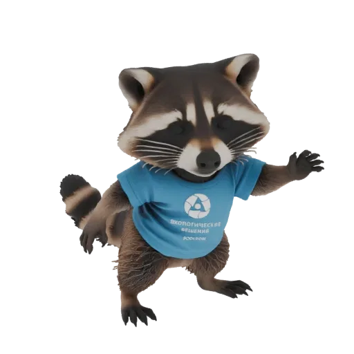 3D model of a cute raccoon standing and wearing a blue t-shirt with a circular logo, with one arm extended.
