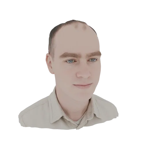 3D model render of a man with short brown hair and piercing blue eyes, wearing a light-colored collared shirt.