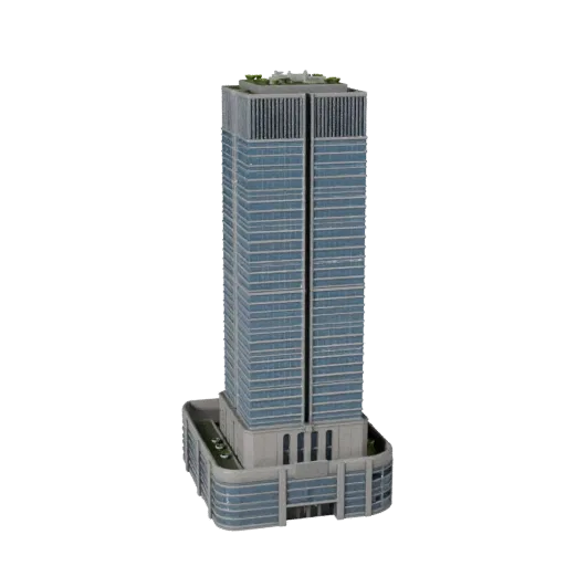 High Rise Office Tower low poly 3D model, game-ready exterior view, showing commercial office building materials and architectural detail