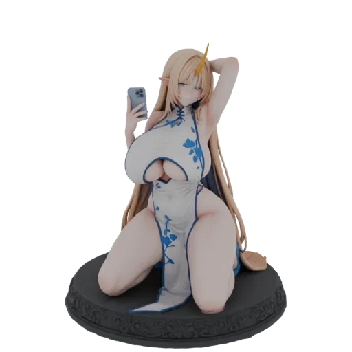3D model of an elf girl in a white and blue Chinese dress, kneeling and holding a smartphone.