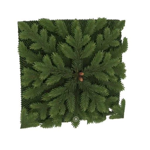 Top-down view of a 3D model featuring a square arrangement of dense green pine branches with two small pinecones at the cente