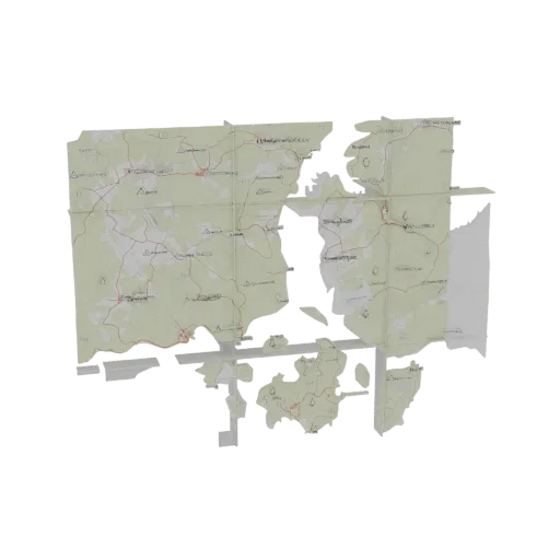 3D model of a fragmented map showing Denmark and surrounding areas with topographical details and roads.