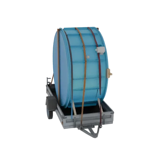 3D model of a large blue drum secured with straps on a gray trailer, viewed from a slight angle.