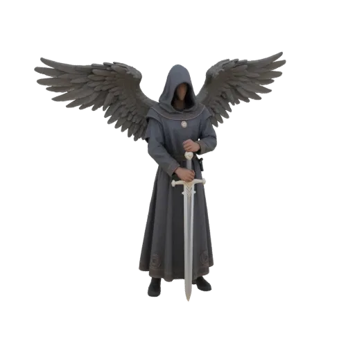 3D model of Archangel Michael in a gray hooded robe with large wings, holding a sword.