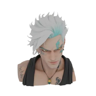 3D model of an anime-style male bust with white hair, blue streaks, yellow eyes, and facial tattoos, wearing a dark vest and