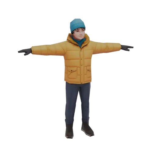 3D model of a young man in a yellow puffer jacket and blue beanie, standing in a T-pose with arms outstretched.