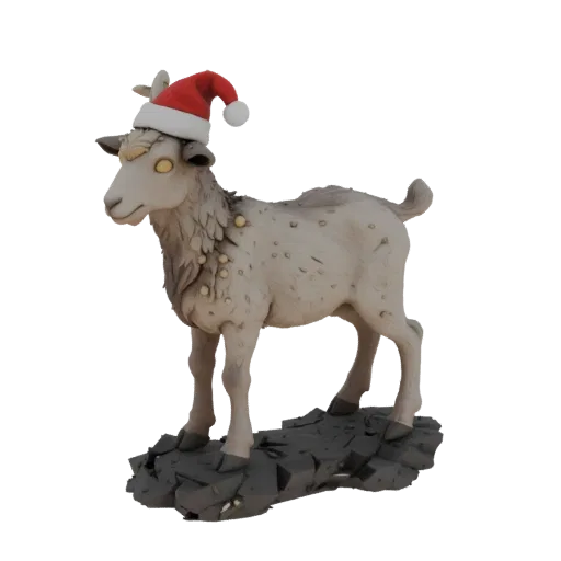 3D model of a goat in a red Santa hat, standing on a gray rocky pedestal, on a black background