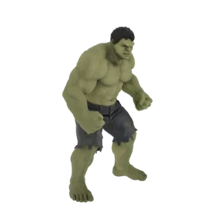 3D-Modell des Hulk in einer kraftvollen, wütenden Haltung, mit zerrissenen Shorts, grüner Haut und einem wütenden Ausdruck.