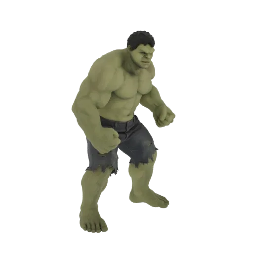 Modelo 3D del Hulk en una pose poderosa y enfurecida, vistiendo pantalones rotos, con piel verde y expresión furiosa.