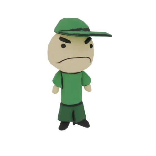 3D model of a stylized boy with an angry expression, wearing a green cap, green t-shirt, and green shorts.