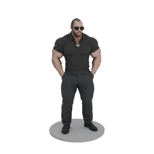 3D model of a muscular man wearing a black polo shirt and dark trousers, standing with hands in pockets on a circular base.