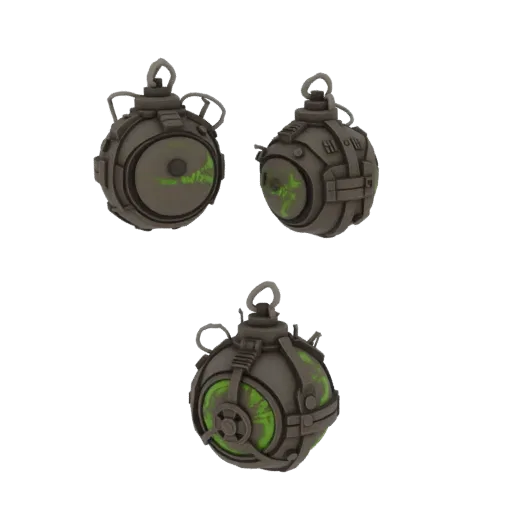 3D model of a spherical sci-fi grenade with a glowing green bio-hazard core and metallic plating.