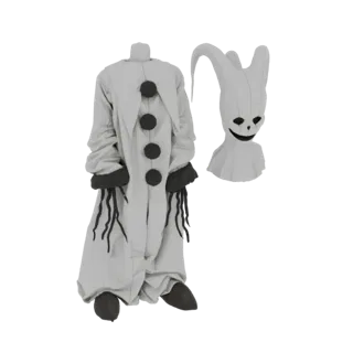 A 3D model of a creepy clown costume with a pale jumpsuit and a separate, unsettling mask with a wide grin.