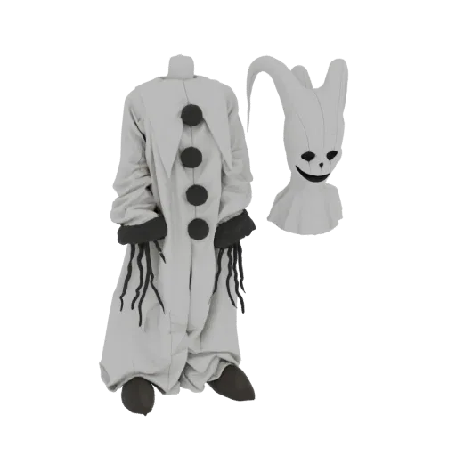 A 3D model of a creepy clown costume with a pale jumpsuit and a separate, unsettling mask with a wide grin.