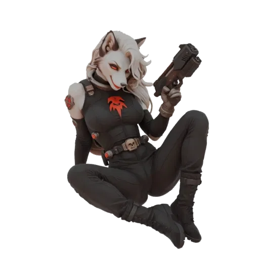 Modèle 3D d'une femme loup anthropomorphe en combinaison tactique noire, assise et tenant un pistolet sci-fi.