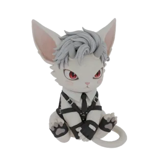 3D model of a chibi cat demon with white fur, red eyes, small grey horns, and a black harness, sitting down.