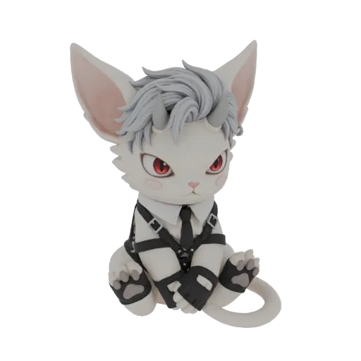 3D model of a chibi cat demon with white fur, red eyes, small grey horns, and a black harness, sitting down.