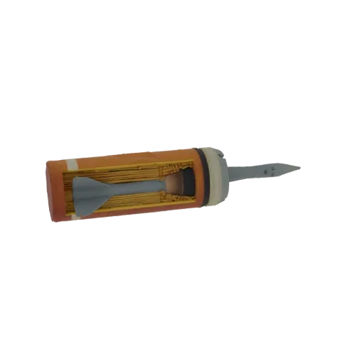 3D model cutaway view of a dart projectile, showing internal components like propellant rods and fins.