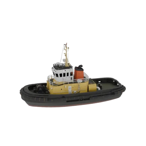 3D model of a yellow tugboat with a red funnel, viewed from the side against a black background.