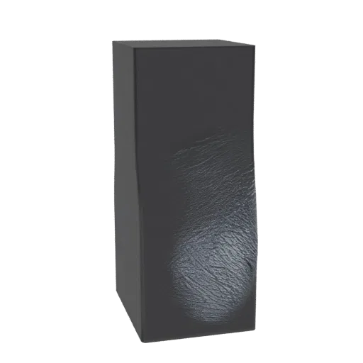 A dark, textured rectangular prism 3D model against a black background, showcasing a rough surface detail.