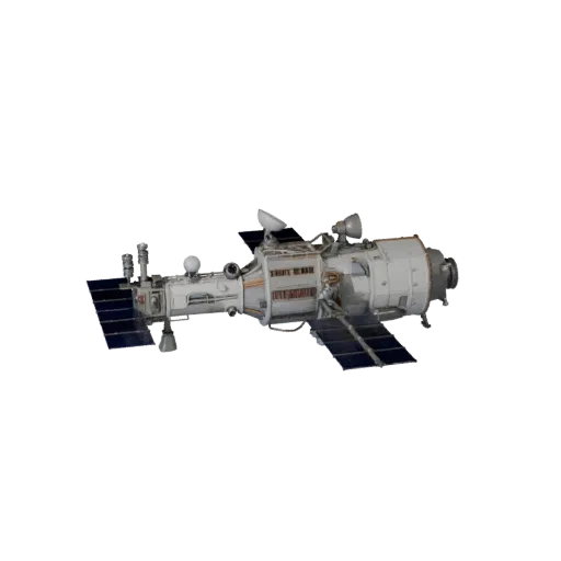 Weather Relay Station High Poly 3D model, close-up studio render, showing solar panels, spacecraft silhouette.