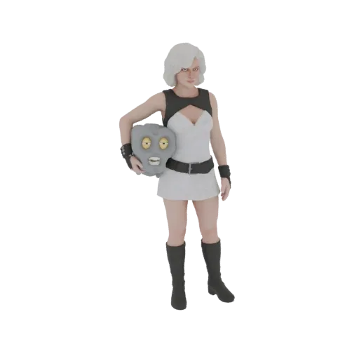 Modello 3D di donna con capelli bianchi in abito bianco che tiene la testa grigia di un mostro di roccia con occhi gialli.