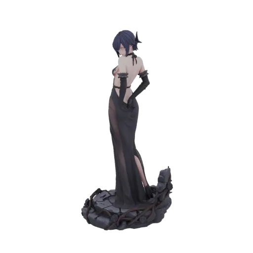 3D model of a gothic woman in a long black dress, posing on a stone and vine base.