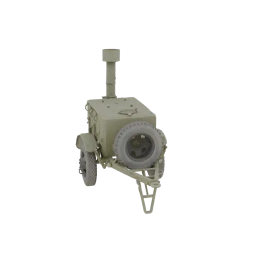 3D model of a weathered, olive-drab WWII field kitchen trailer with a spare tire and chimney, set against a white background.