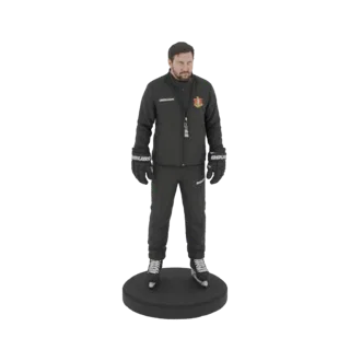 3D model of a hockey coach wearing a black tracksuit and skates, with a whistle around his neck.