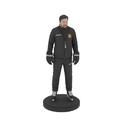 Modello 3D di un allenatore di hockey con tuta nera e pattini, con un fischietto al collo.