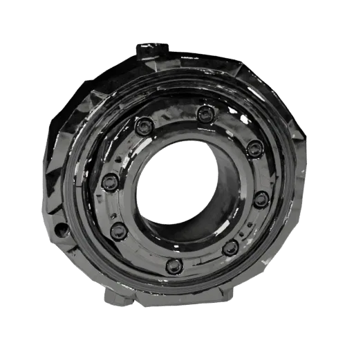Machined Bearing Block Low Poly 3D model, game viewport three-quarter view, showing machined metal, form detail.