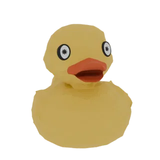 Um modelo 3D low-poly de um pato de borracha amarelo com bico laranja e olhos arregalados, contra um fundo branco.