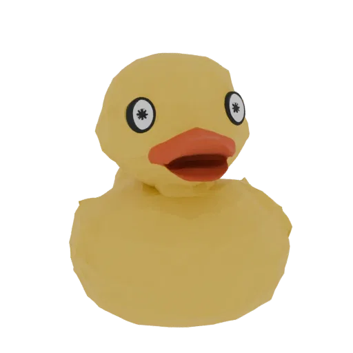 A low-poly 3D model of a yellow rubber duck with an orange beak and wide eyes, set against a white background.