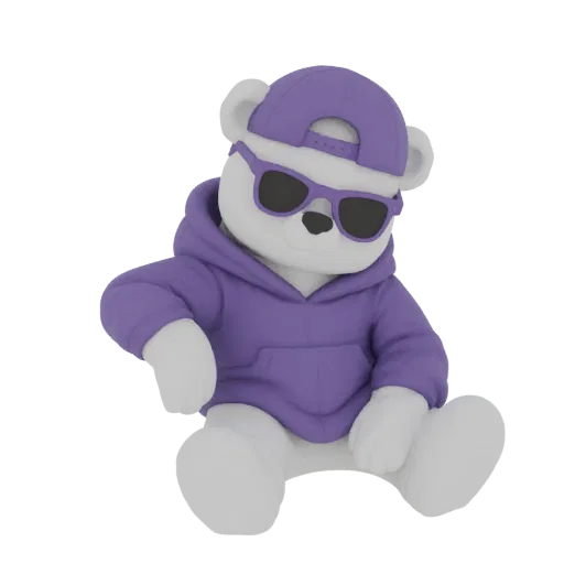 3D model of a white bear wearing a purple hoodie and purple sunglasses, sitting down with a cool demeanor.