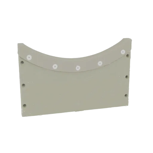 3D model of a light beige curved mounting bracket with multiple circular indentations along the top edge and pre-drilled hole