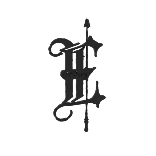 3D model of a gothic monogram 'FE' with intricate, dark, metallic styling and sharp flourishes.