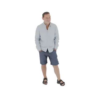 Modelo 3D de hombre vistiendo camisa de manga corta azul claro y pantalones cortos azules, de pie con manos en los bolsillos.