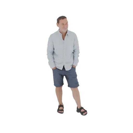 3D-Modell eines Mannes in einem hellblauen kurzärmeligen Hemd und blauen Shorts, der mit den Händen in den Taschen steht.