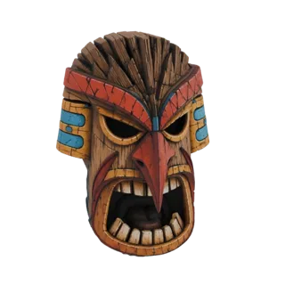 3D model of a fierce tiki mask with an open mouth, sharp teeth, and tribal patterns in red, orange, and blue.
