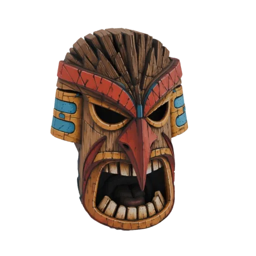 Modèle 3D d'un masque tiki féroce à bouche ouverte, dents acérées et motifs tribaux en rouge, orange et bleu.