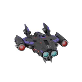 3D model of a futuristic interceptor spaceship with a dark hull, purple accents, and glowing cyan and red engines, set agains