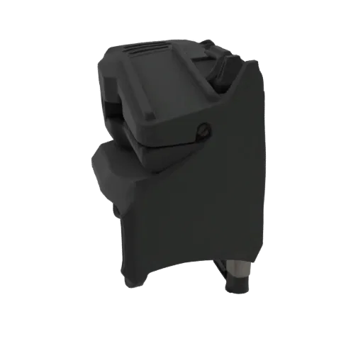 Side view of a black, futuristic armored seat with sharp angles and a matte finish, suitable for sci-fi games and 3D printing