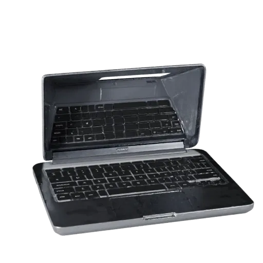 Business Tablet Computer Realistic 3D model, three-quarter studio render, showing brushed metal, open lid angle.
