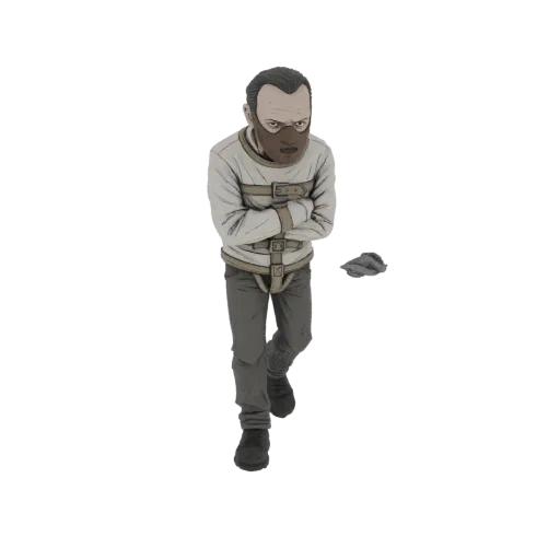 3D model of a man wearing a straitjacket and muzzle, with arms crossed, against a white background.