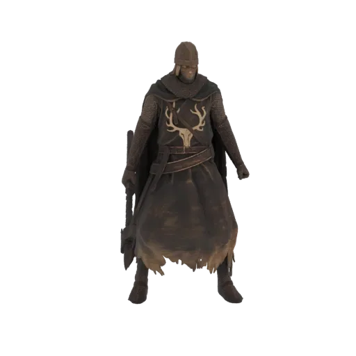 3D model of a Stark Soldier in chainmail armor and a fur-lined cloak, holding an axe, with a white stag sigil.