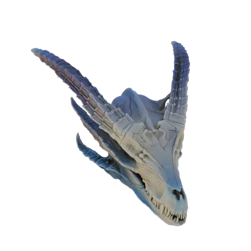 A detailed 3D render of an ancient dragon skull with large, ornate horns, presented on a white background.